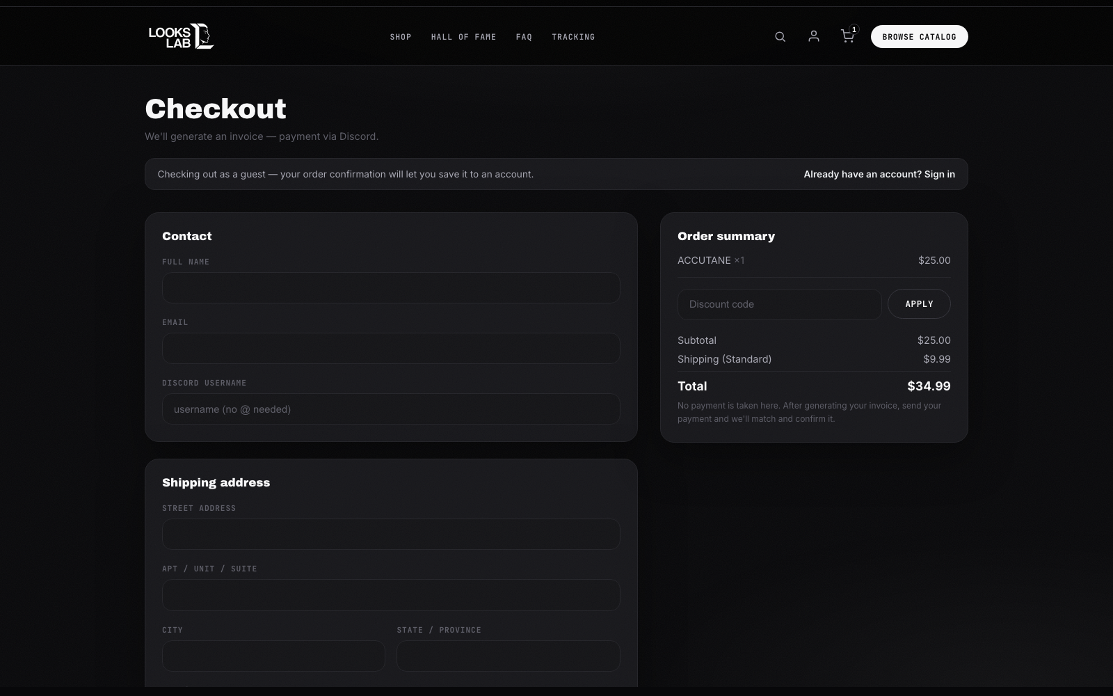 LooksLab checkout with manual payment rails