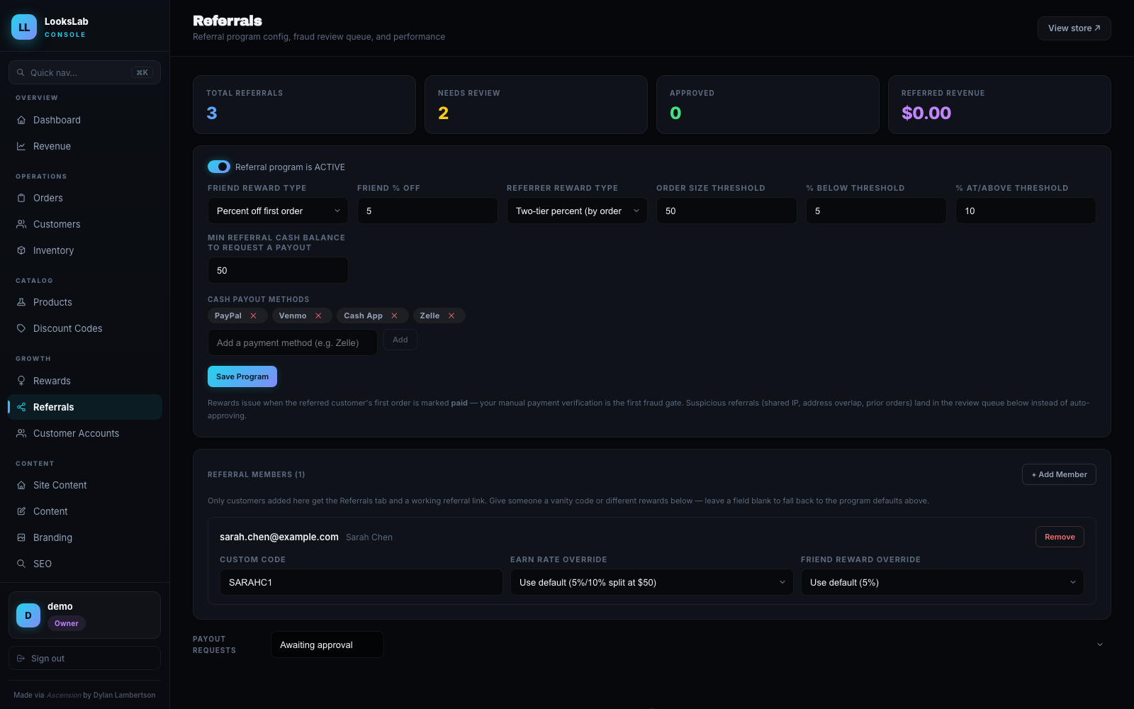 LooksLab referral programme and fraud queue
